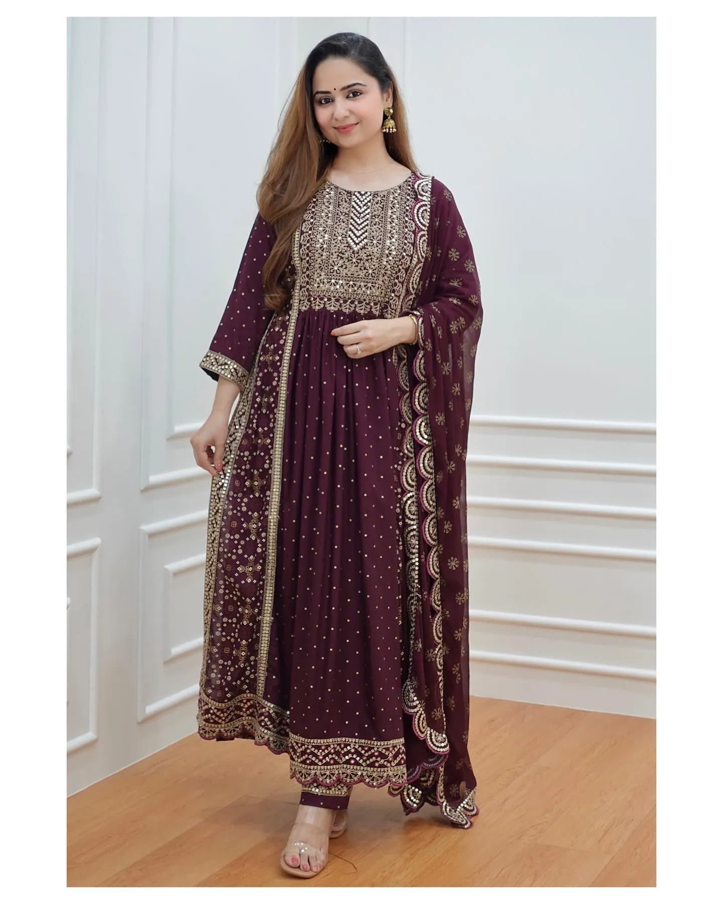 Beautiful Women Purple Naira cut Kurta Pant with Dupatta Dress. 